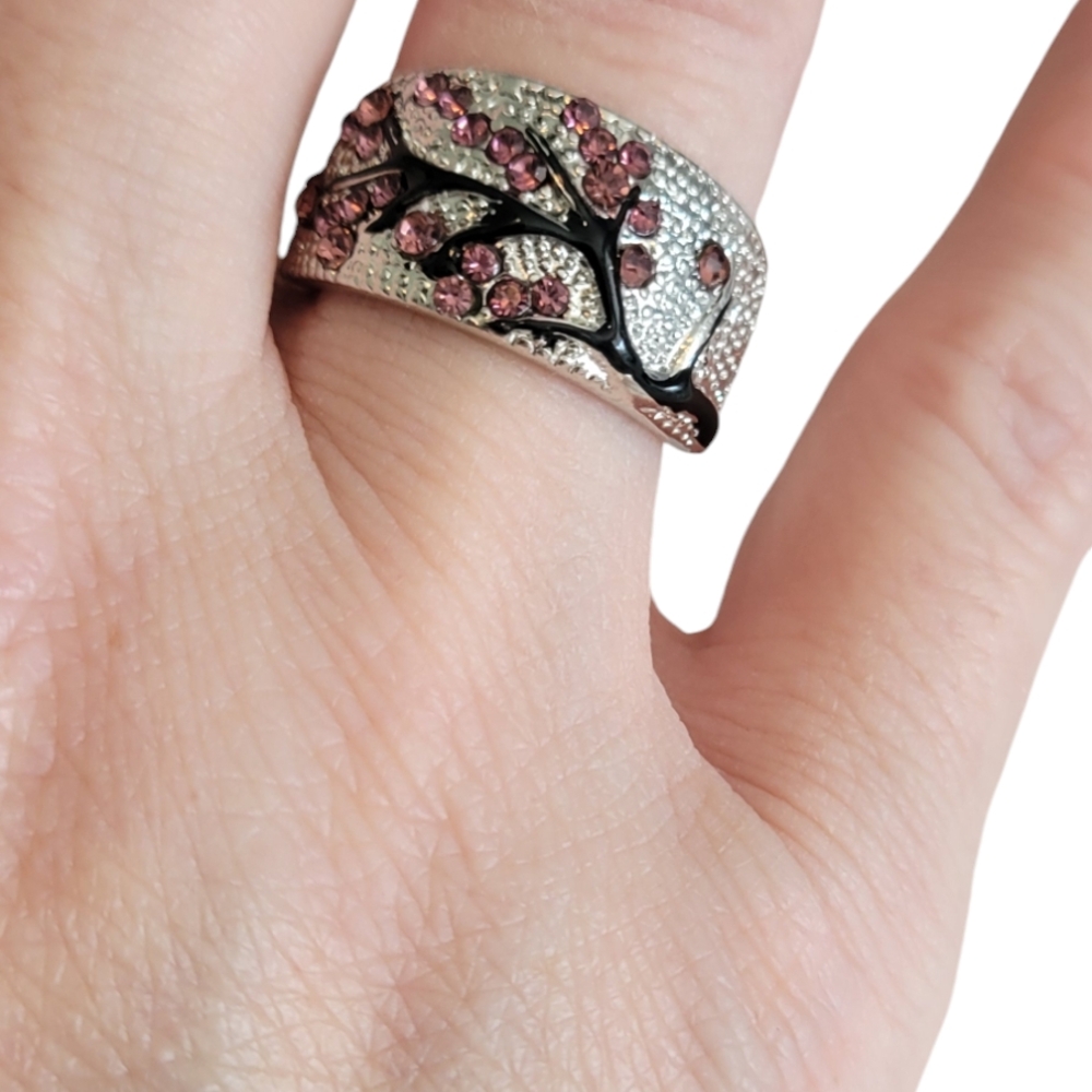 😁Elegant Sterling Silver Cherry Blossom Ring With Pink Gemstones, Sizes 6,7,8 - Picture 2 of 5